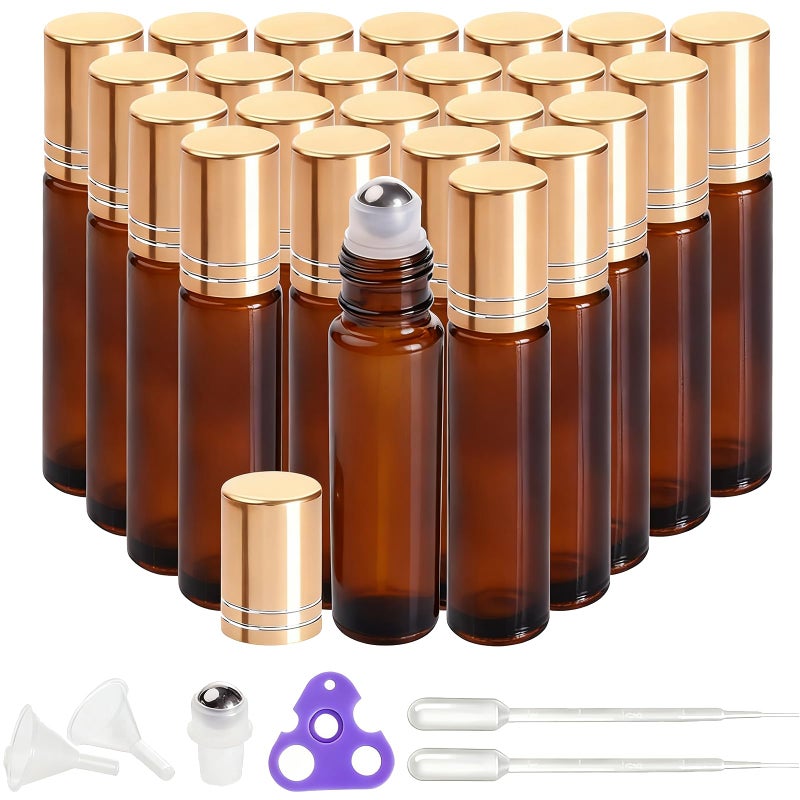PrettyCare 24 Pack, 10 ml Essential Oil Roller Bottles with Stainless Steel Roller Ball - Refillable Leak-proof Empty Thick Amber Glass Roll on Bottles with Metal Caps for Travel, Perfume - Image 1